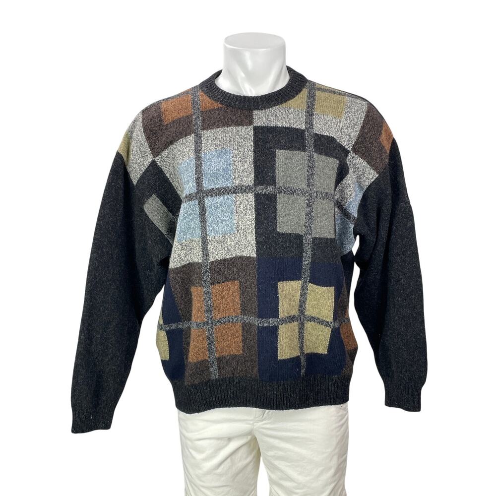 Vintage 90s Burlington Men's Black Geometric Crew Neck Knit Sweater Top Size L